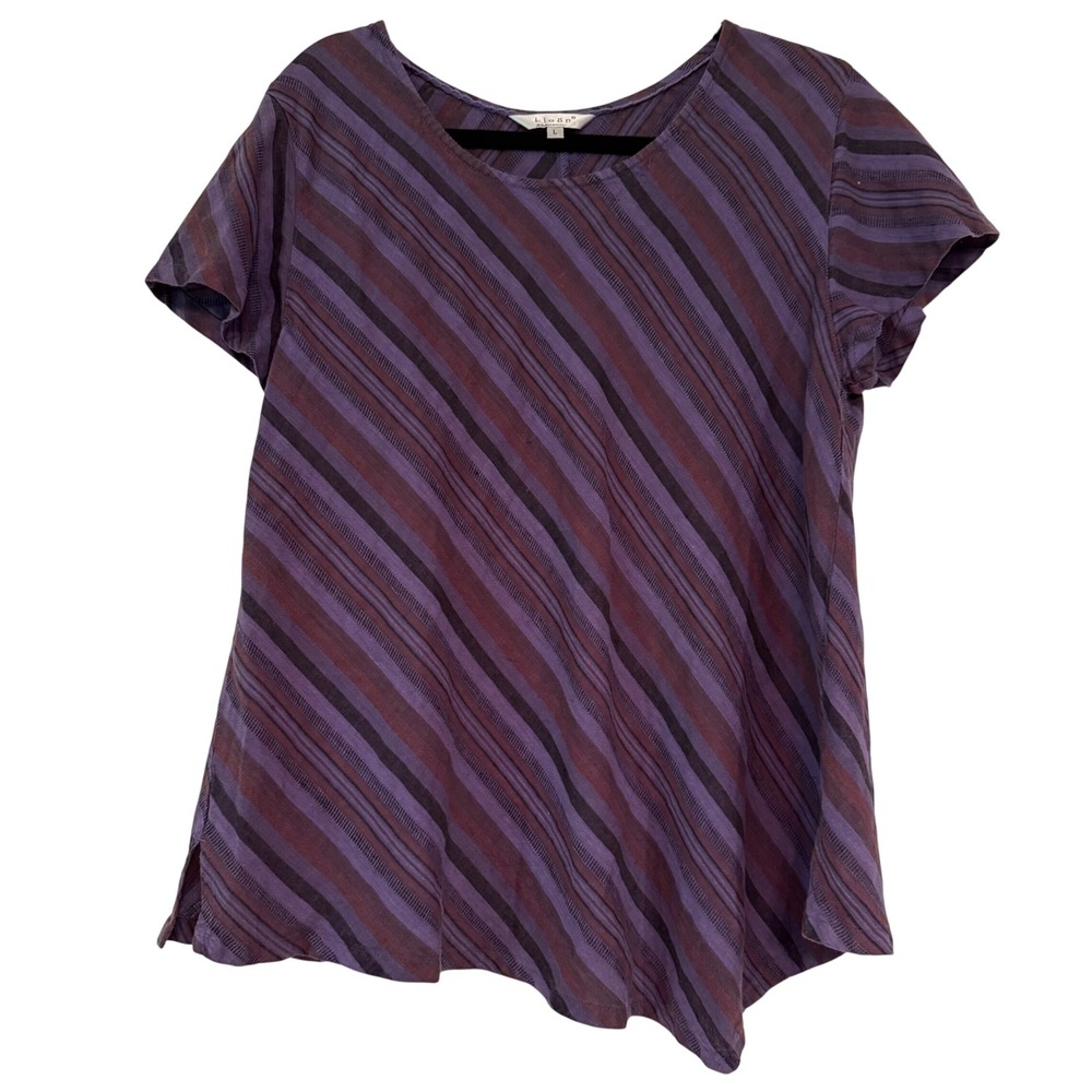 Kleen Women Purple Striped 100% Linen Asymmetrical Hem Top L Lagenlook Coastal - Picture 2 of 6